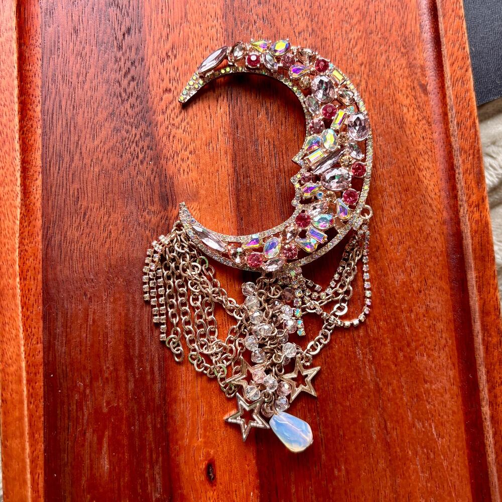 Vintage Rhinestone Crescent Moon Brooch Aurora Borealis Crystal Star Dangle